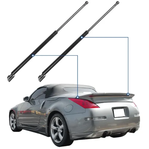 Pair of replacement 350z hatch struts showing their installation points on the rear trunk of a silver Nissan 350Z.