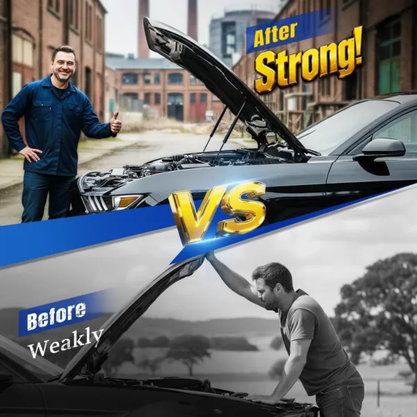 Before and after comparison showing the strong support of Nissan Titan hood struts.