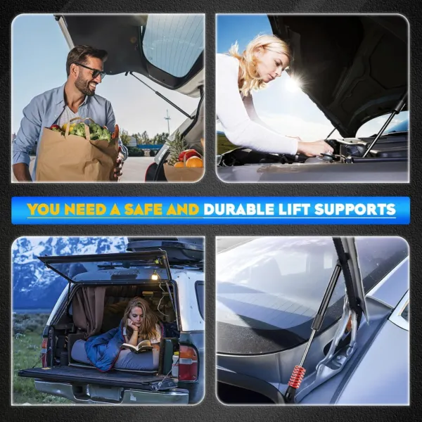 Collage showing various applications of safe and durable car lift supports, including under-hood maintenance using reliable parts like ford performance hood struts.