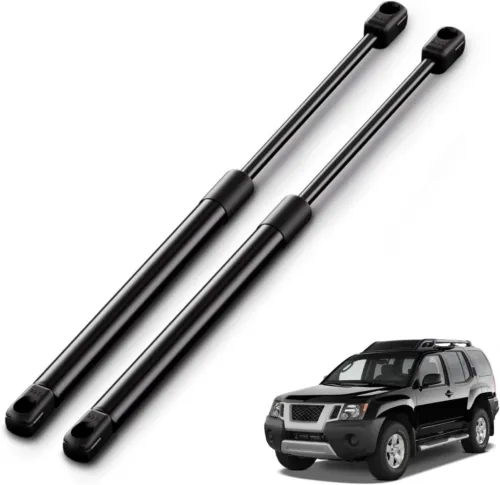 Pair of black xterra hatch struts displayed next to a black Nissan SUV.