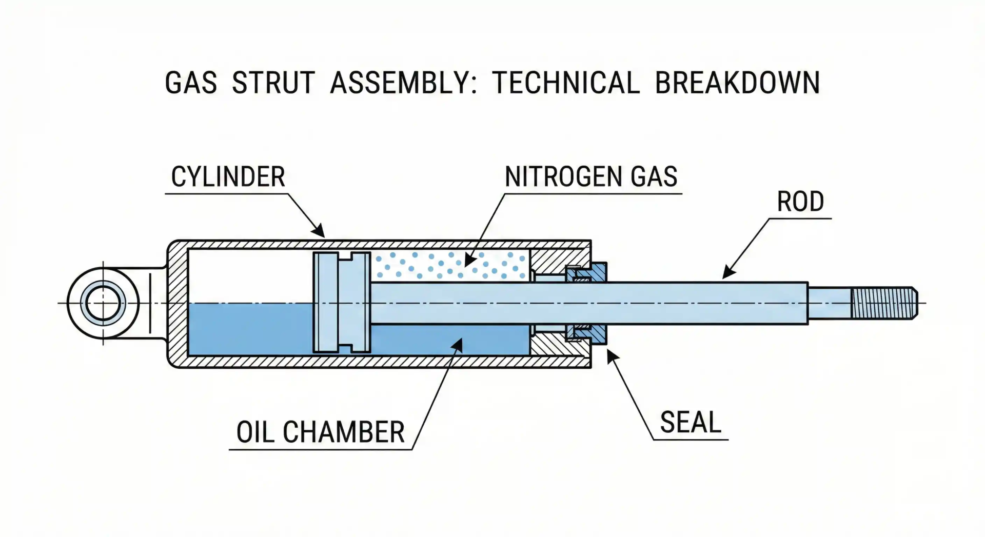 gas-strut-assembly-technical-breakdown-diagram Technical diagram illustrating the internal components of a gas strut assembly, including the cylinder, rod, gas, and oil.
