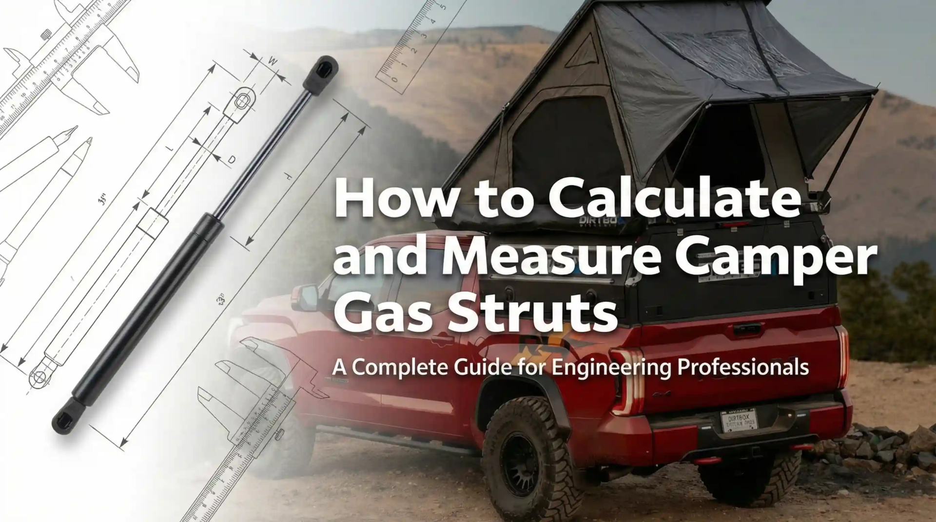how-to-calculate-measure-camper-gas-struts Blog cover guide on calculating and measuring camper gas struts, featuring a truck with a rooftop tent, technical schematics, and measuring tools.