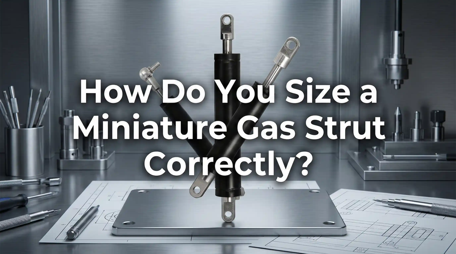 Miniature gas struts on an engineering workbench surrounded by tools and blueprints, with the text overlay "How Do You Size a Miniature Gas Strut Correctly?".