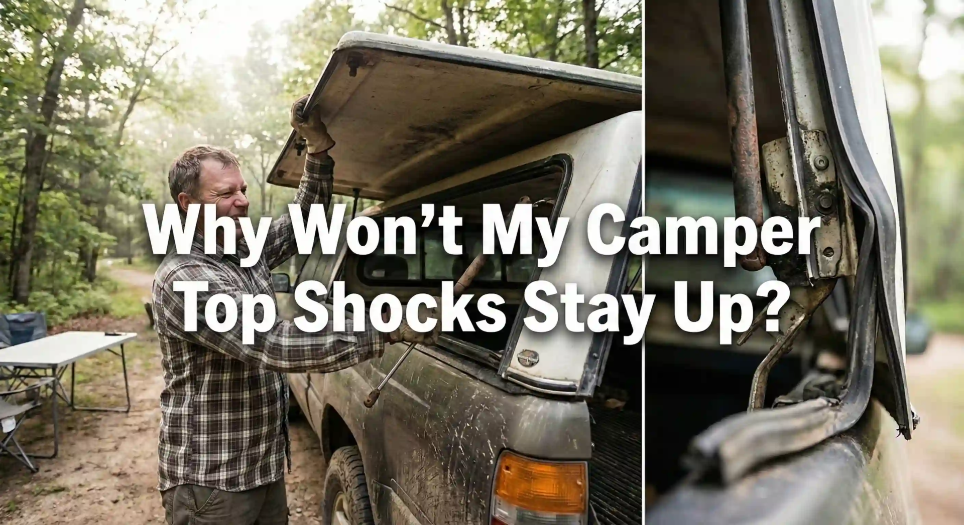 A split photograph showing a man using a stick to prop open a heavy truck camper window, alongside a close-up detail of the disconnected and broken gas shock mechanism.