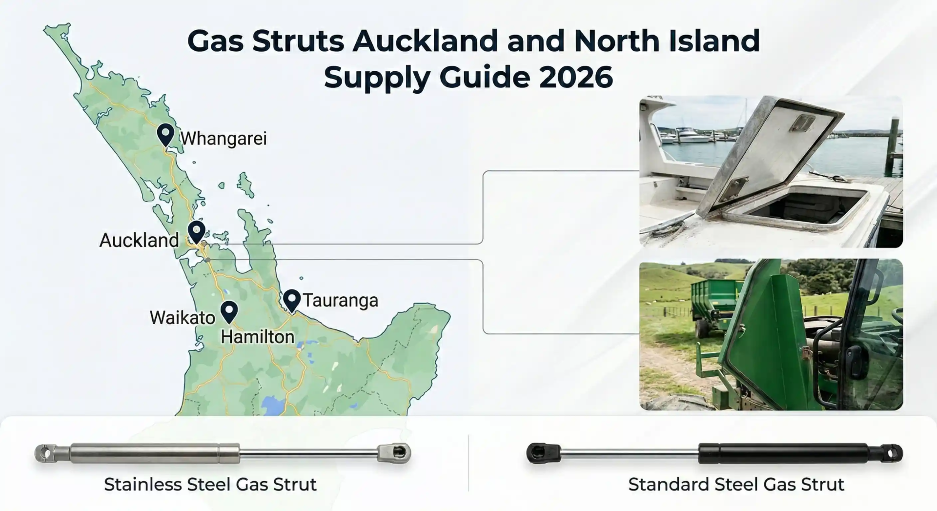 Map of North Island with cities and gas strut applications in marine and agricultural industries