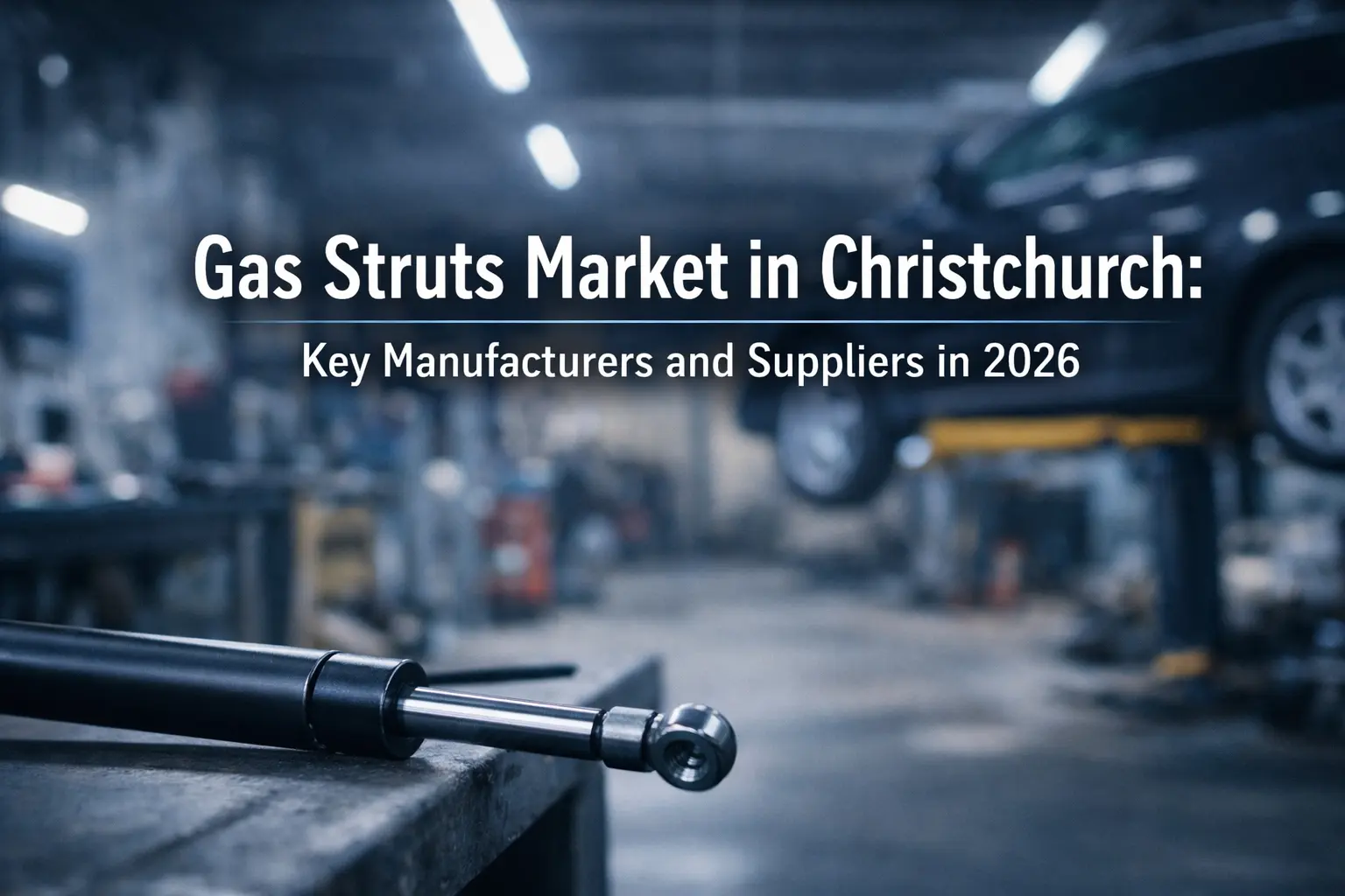 Cover image for the Gas Struts Market in Christchurch report, showing a black gas strut with industrial background and the title.