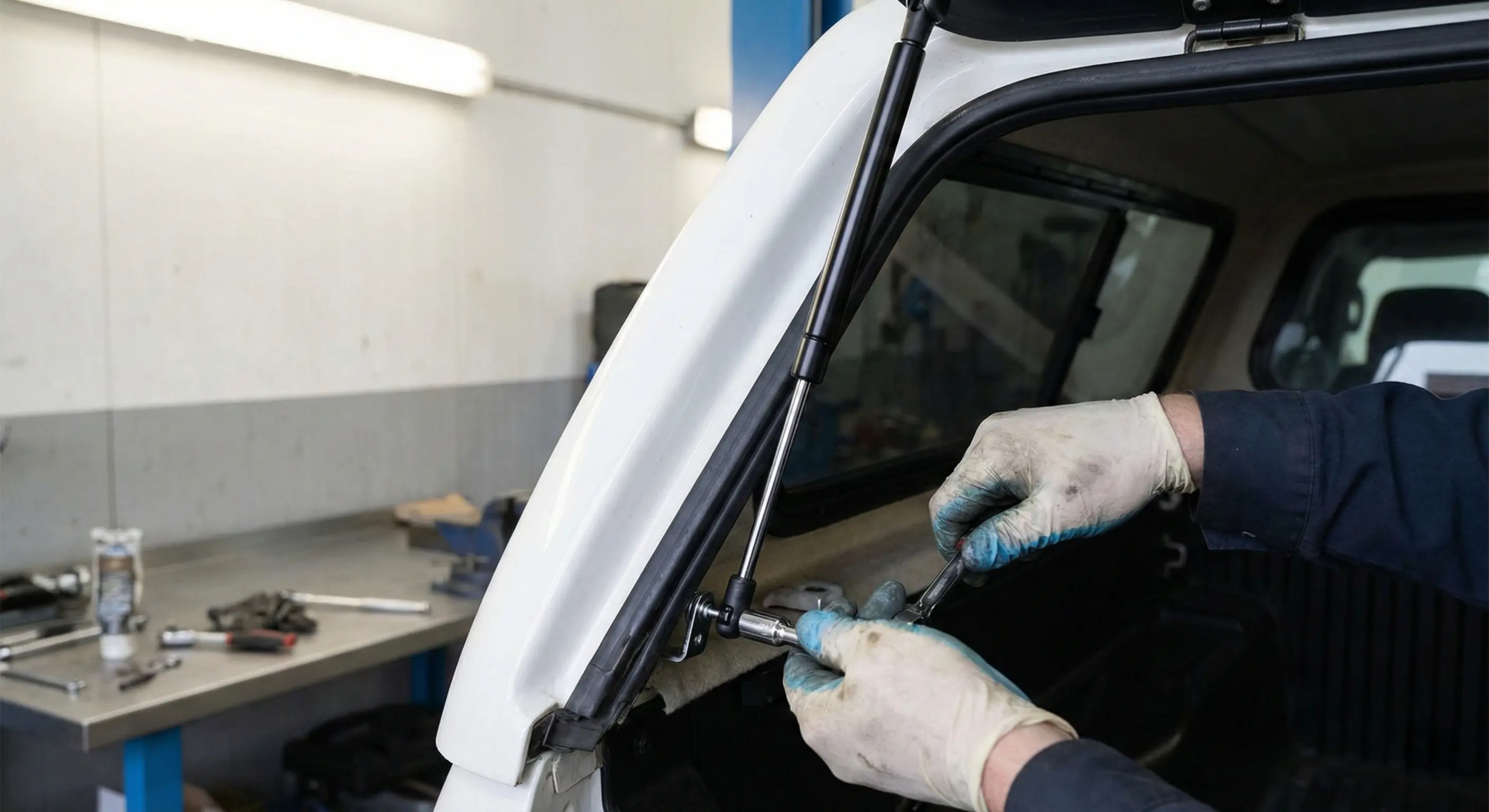A close-up photograph showing gloved hands using a socket wrench to secure the lower mounting bracket of a black gas strut onto the rear window frame of a white truck camper shell in a workshop setting.