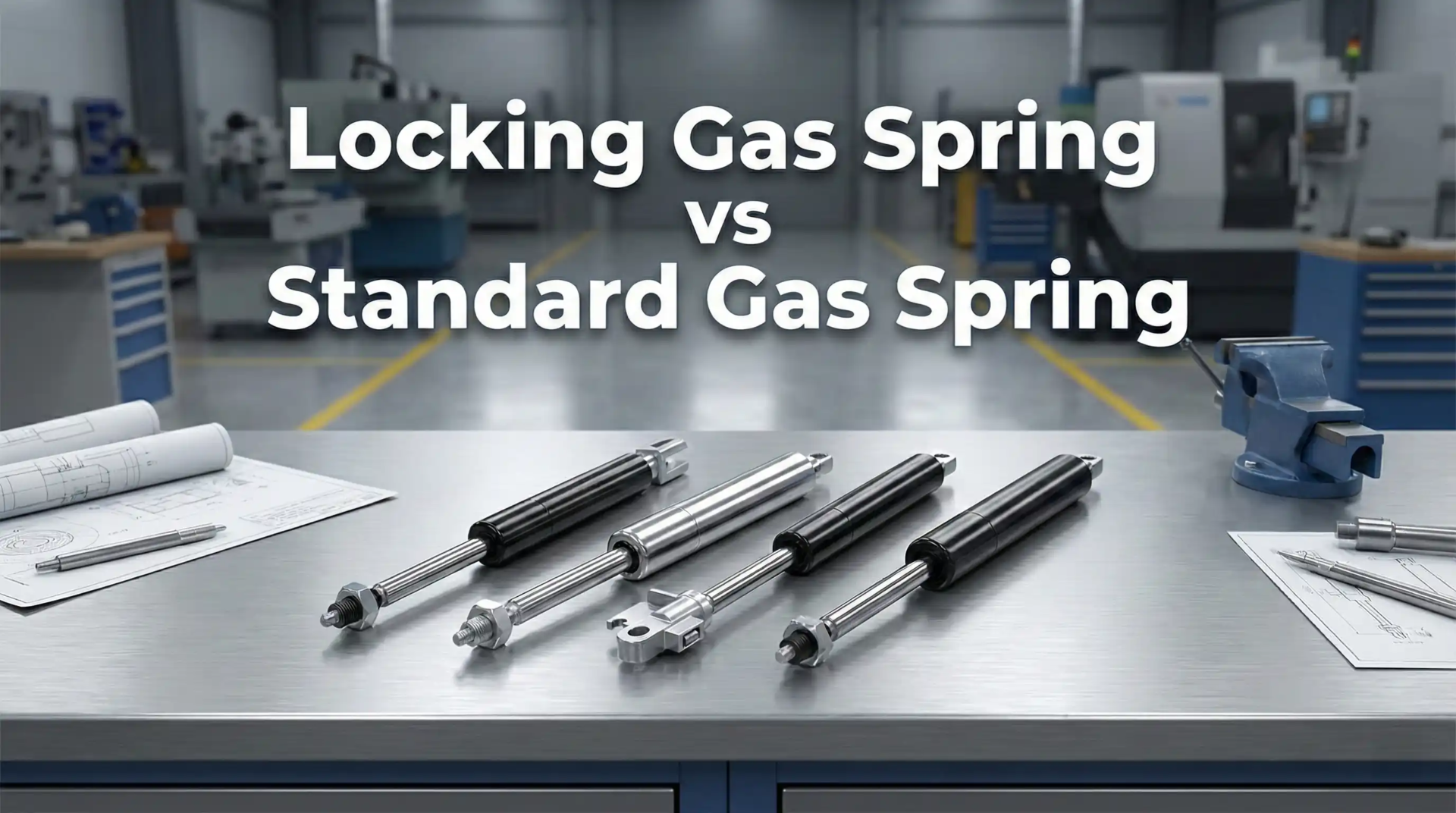 Locking Gas Spring vs Standard Gas Spring on workbench.