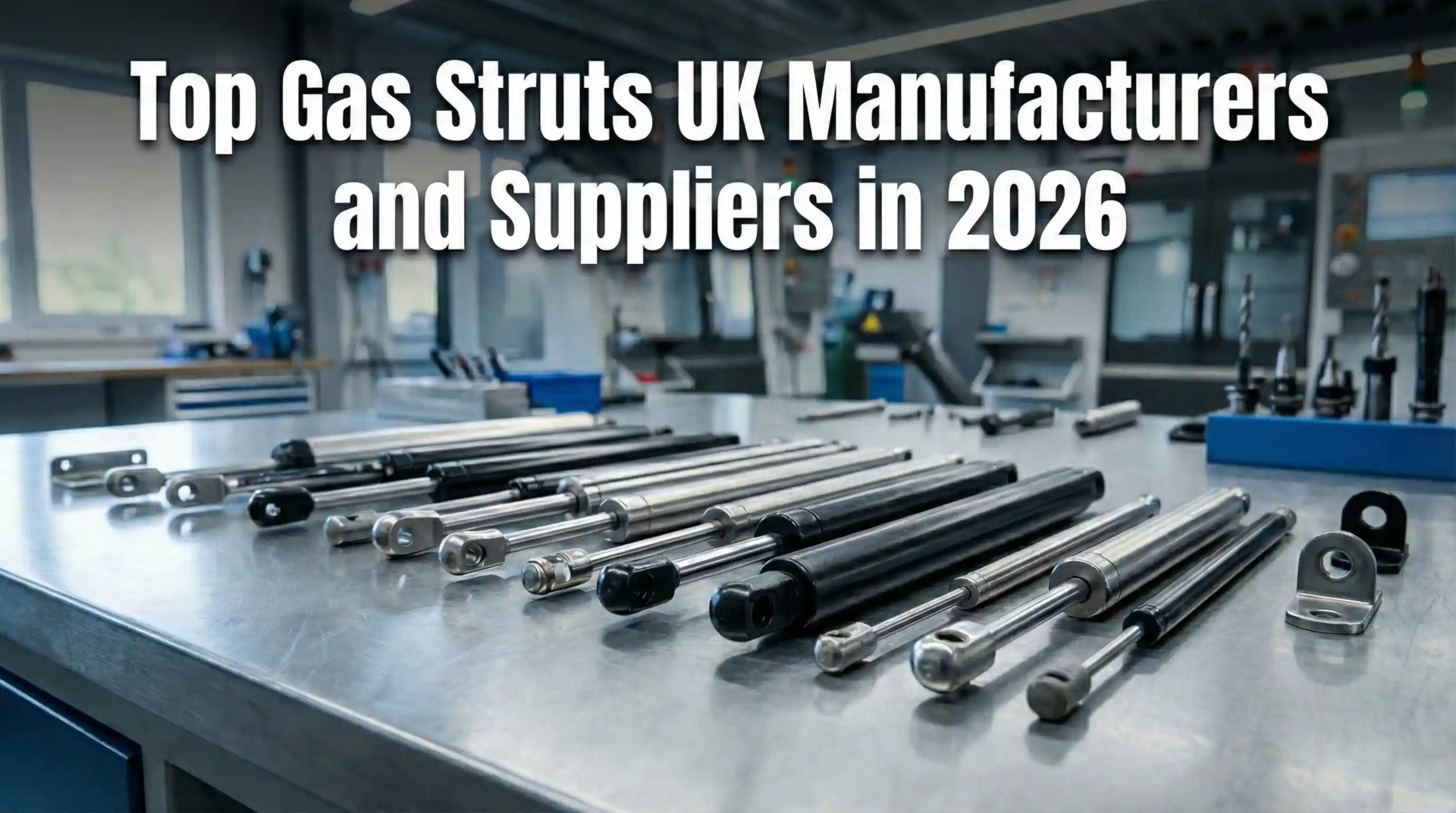 Gas struts and components on a machine shop workbench, featuring the text "Top Gas Struts UK Manufacturers and Suppliers in 2026".