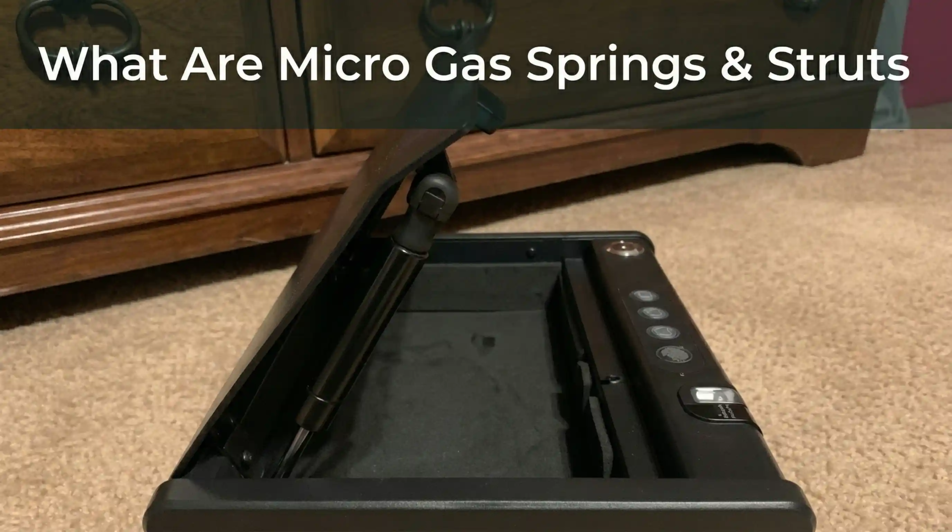 what-are-micro-gas-springs-struts-cover Article cover image showing an open biometric safe propped by a gas strut. Clean white title text at top: 'What Are Micro Gas Springs & Struts'.