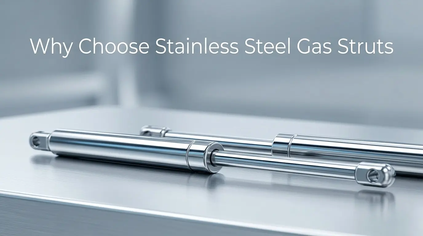 why-choose-stainless-steel-gas-struts-cover A professional product photograph of two polished stainless steel gas struts lying parallel on a clean metallic surface, featuring the overlay text "Why Choose Stainless Steel Gas Struts" in the upper left.