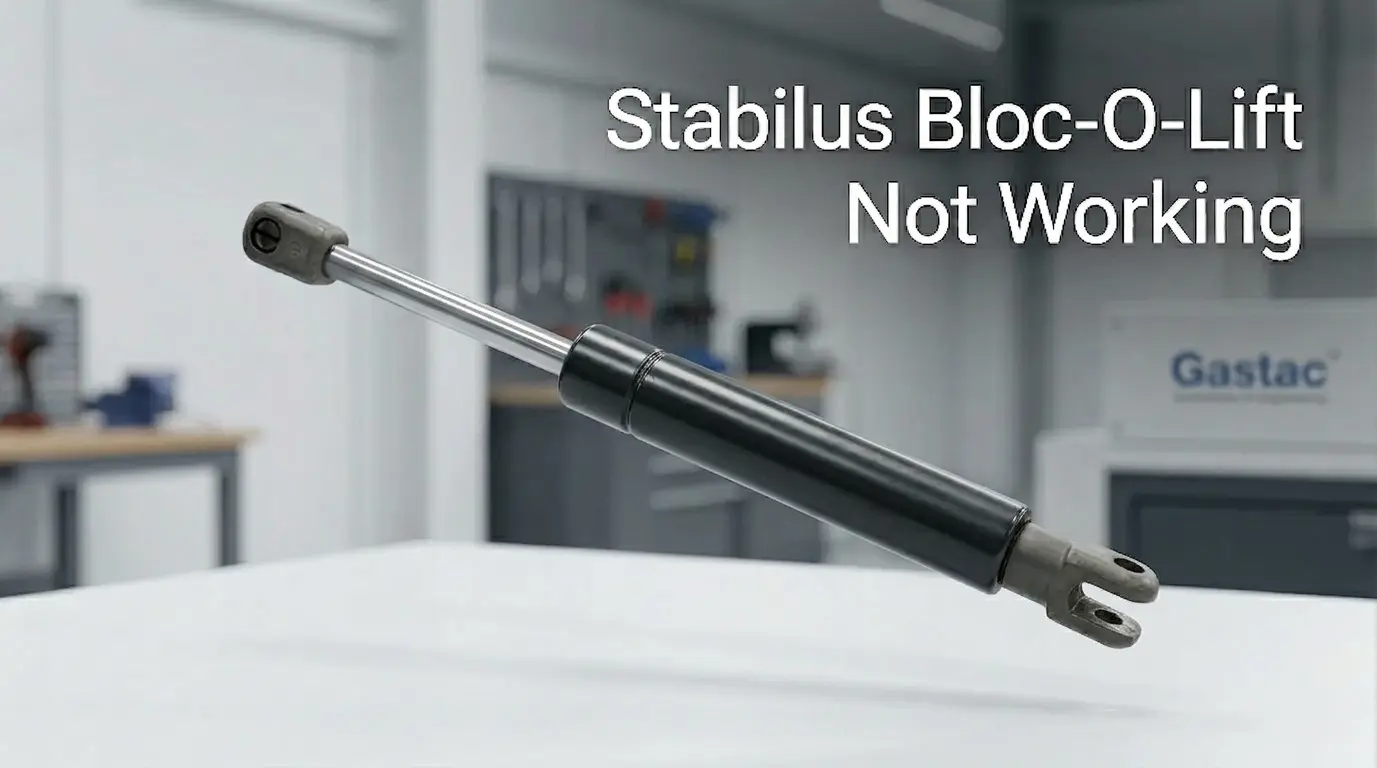 A worn Stabilus locking gas spring with the text 'Stabilus Bloc-O-Lift Not Working' in the upper right.