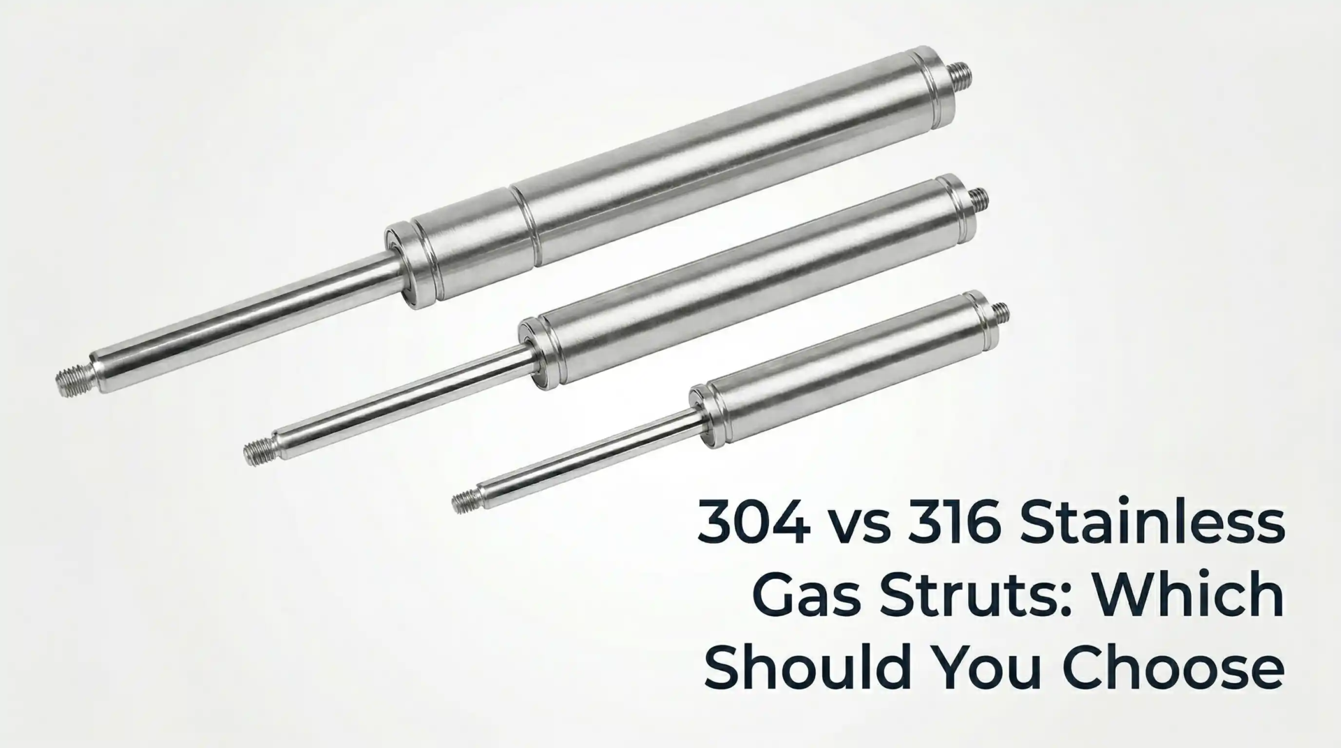 Comparison of three stainless steel gas struts with article title 304 vs 316 Stainless Gas Struts: Which Should You Choose.