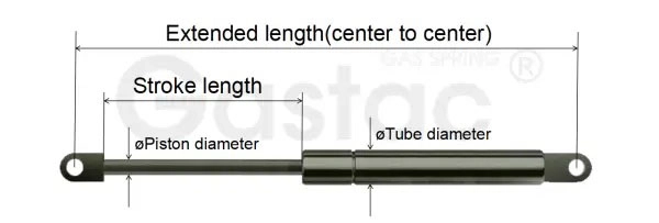 kleine-gasveer-afmetingen Kleine gasveer met aanduiding van uitgeschoven lengte, slag, zuigerstangdiameter en cilinderdiameter
