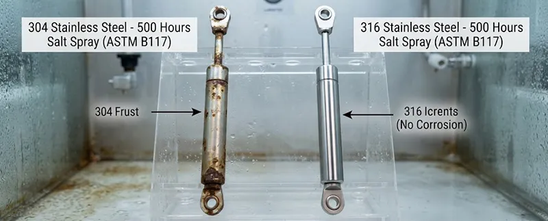 Comparison of 304 vs 316 stainless gas shocks after salt spray test
