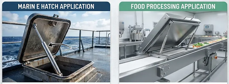 Stainless gas shocks used in marine hatch and food processing equipment